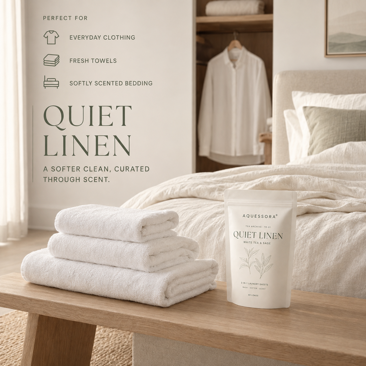 Aquessora® Quiet Linen 3-in-1 Laundry Sheets – White Tea & Sage