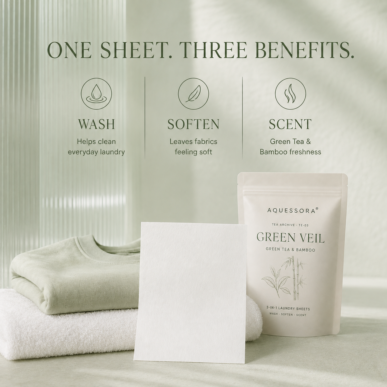 Aquessora® Green Veil 3-in-1 Laundry Sheets – Green Tea &amp; Bamboo