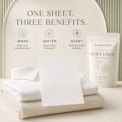 Aquessora® Quiet Linen 3-in-1 Laundry Sheets – White Tea & Sage