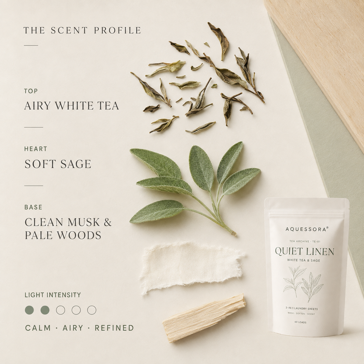 Aquessora® Quiet Linen 3-in-1 Laundry Sheets – White Tea & Sage