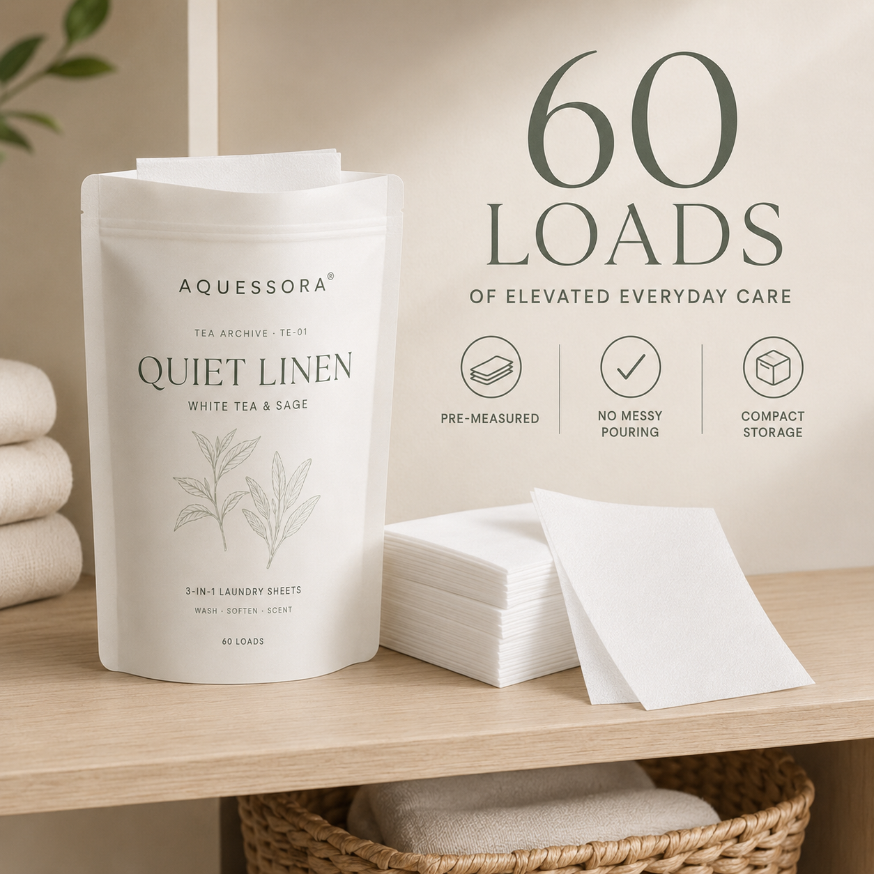Aquessora® Quiet Linen 3-in-1 Laundry Sheets – White Tea & Sage