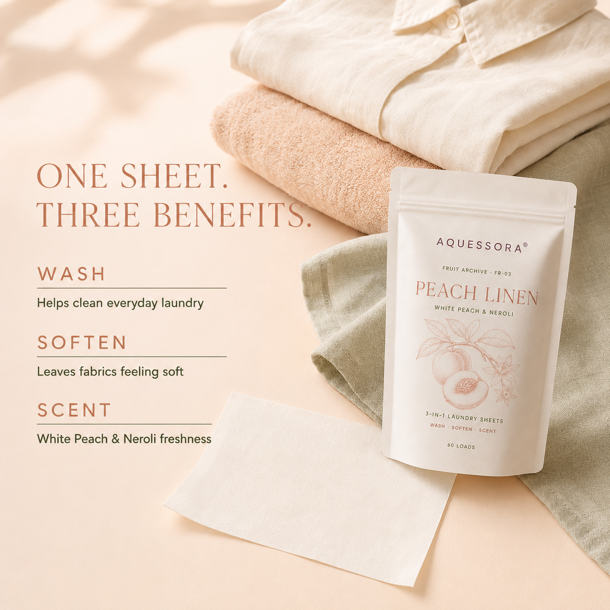 Aquessora® Peach Linen 3-in-1 Laundry Sheets – White Peach &amp; Neroli