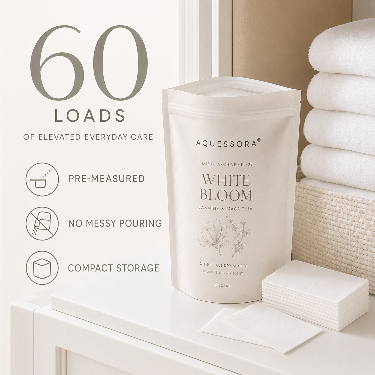 Aquessora® White Bloom 3-in-1 Laundry Sheets – Jasmine &amp; Magnolia
