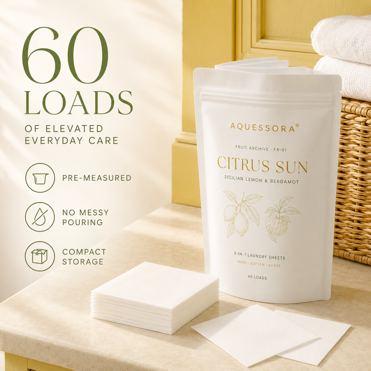Aquessora® Citrus Sun 3-in-1 Laundry Sheets – Sicilian Lemon &amp; Bergamot