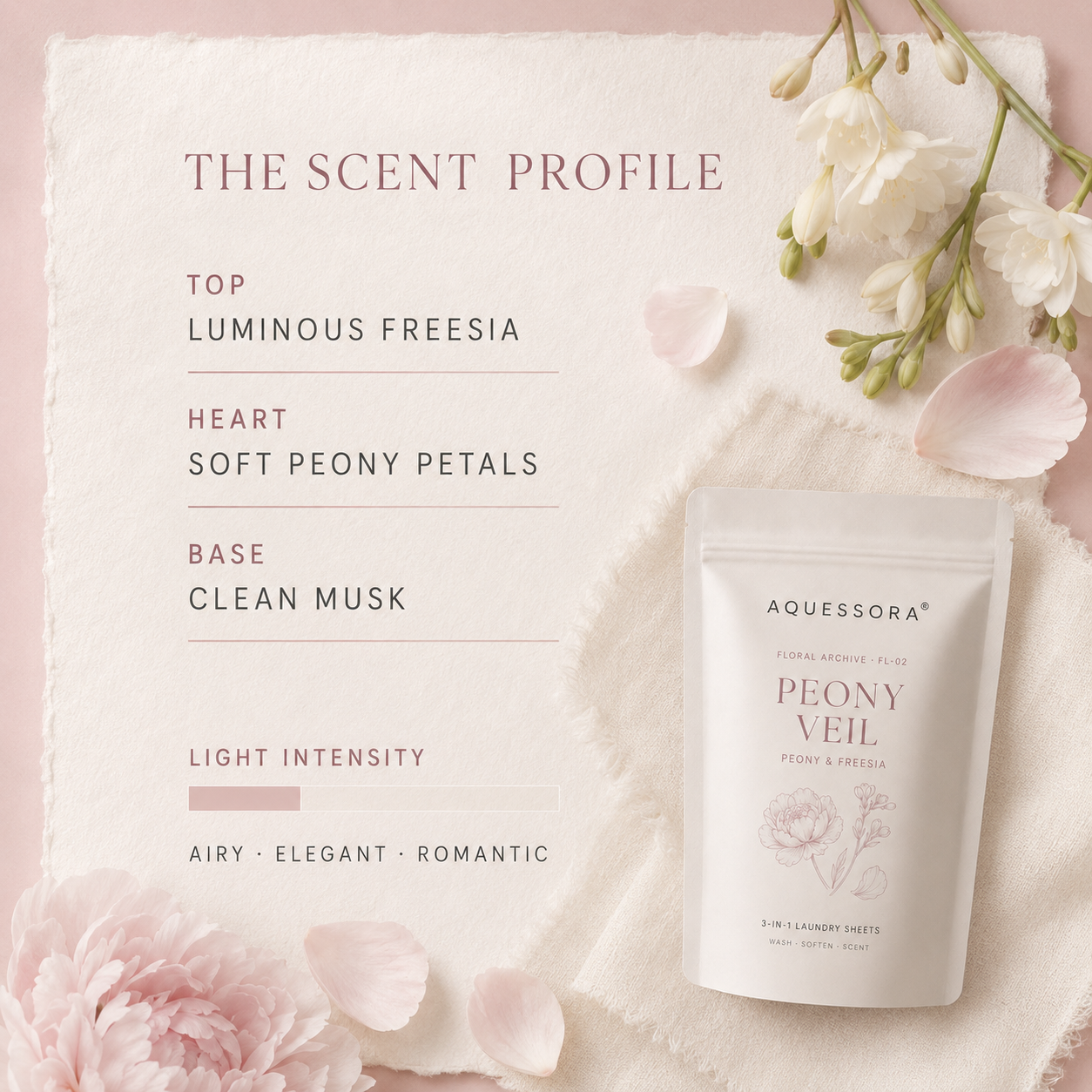 Aquessora® Peony Veil 3-in-1 Laundry Sheets – Peony &amp; Freesia